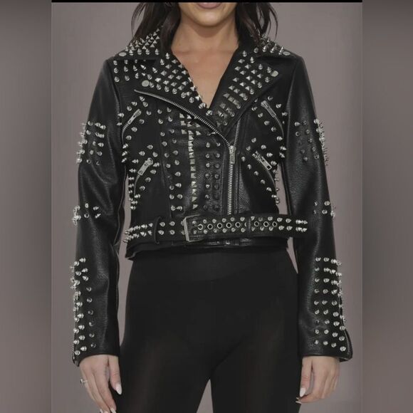 JACKET- Black Studded Motorcycle / Biker Jacket - Picture 4 of 5